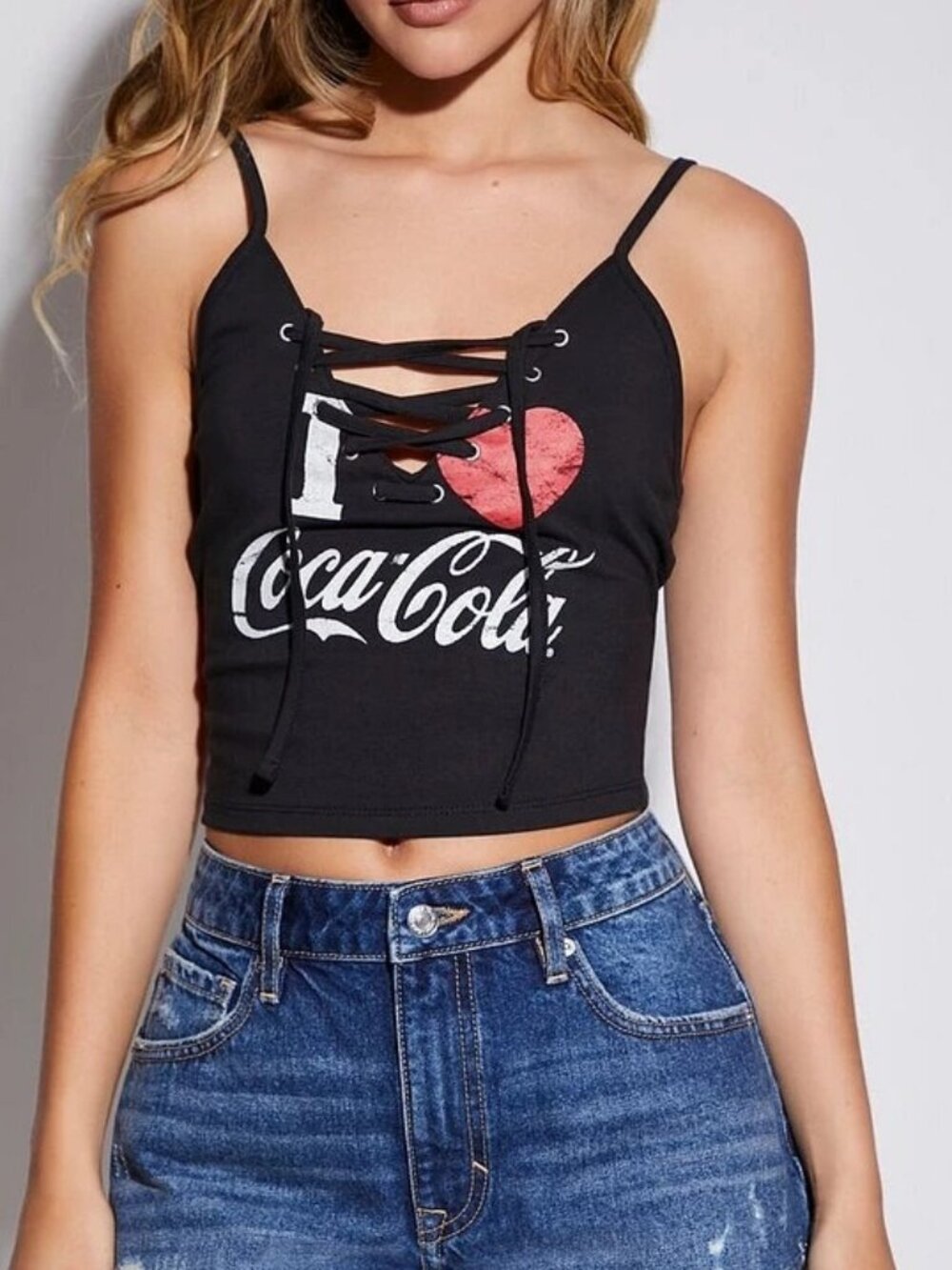 Forever 21 Coca-Cola Graphic Lace Up Crop Tank Cami Top Black Size M Y2K